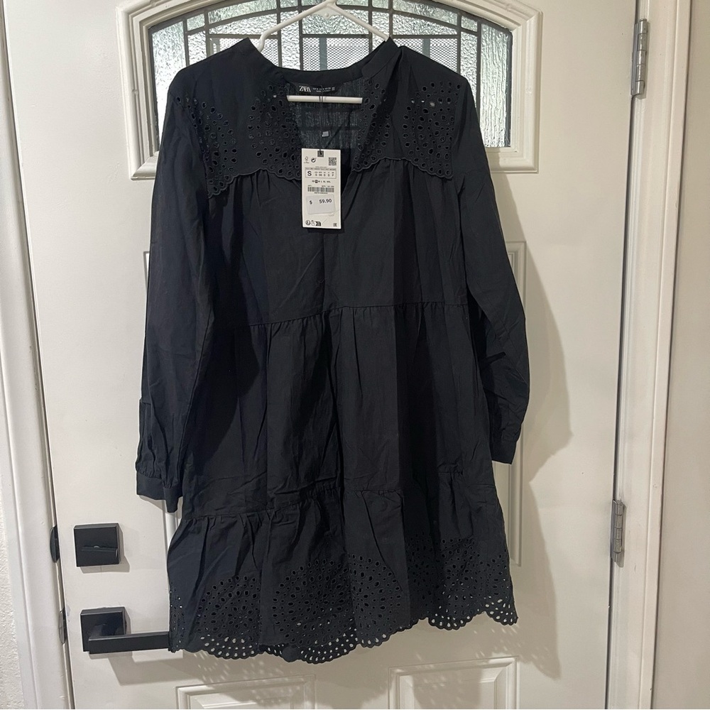 Black Eyelet Long Sleeve Dress